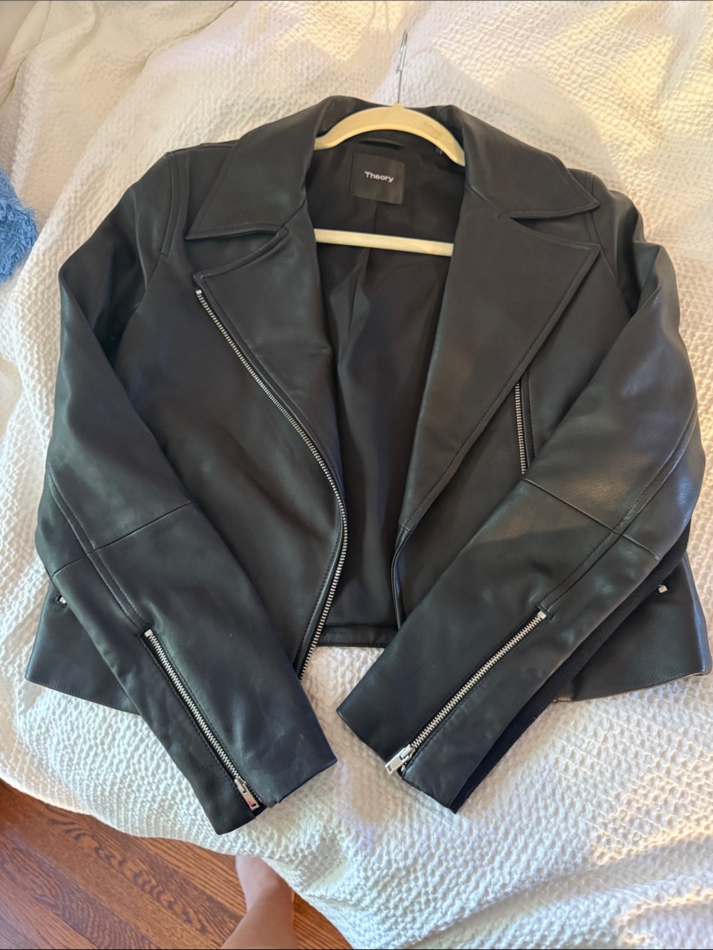 Theory Black Leather Asymmetrical Zip Jacket